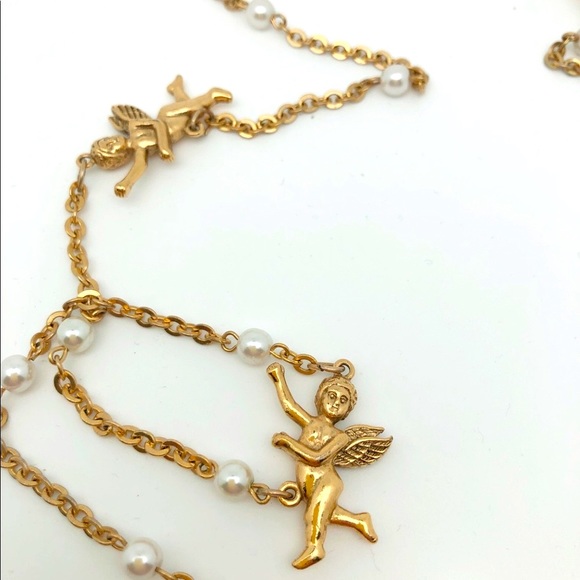 Stunning Vintage 1928 Cherub and Pearl Gold Necklace Hangs 18” - Picture 3 of 3